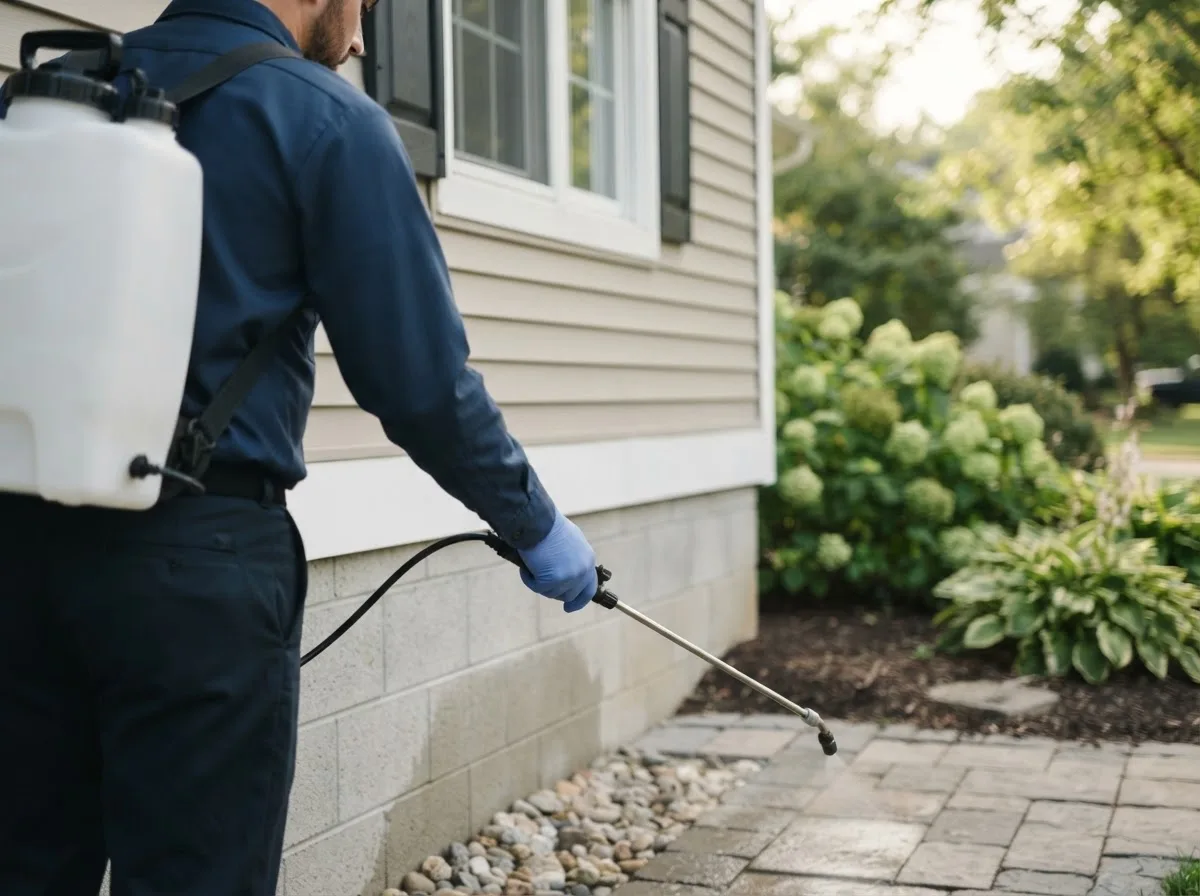 Pest control technician inspecting a home in Greenup, IL